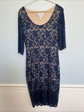 Carmen Navy Lace Midi Dress with Nude Slip